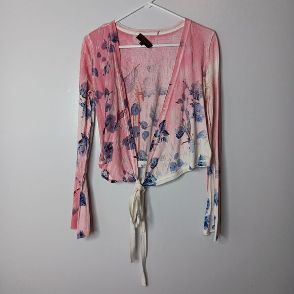 Raw 7 Cardigan Top Womens Sz Small Pink Floral Dragonfly Tie Front Asian Spring - Picture 1 of 8